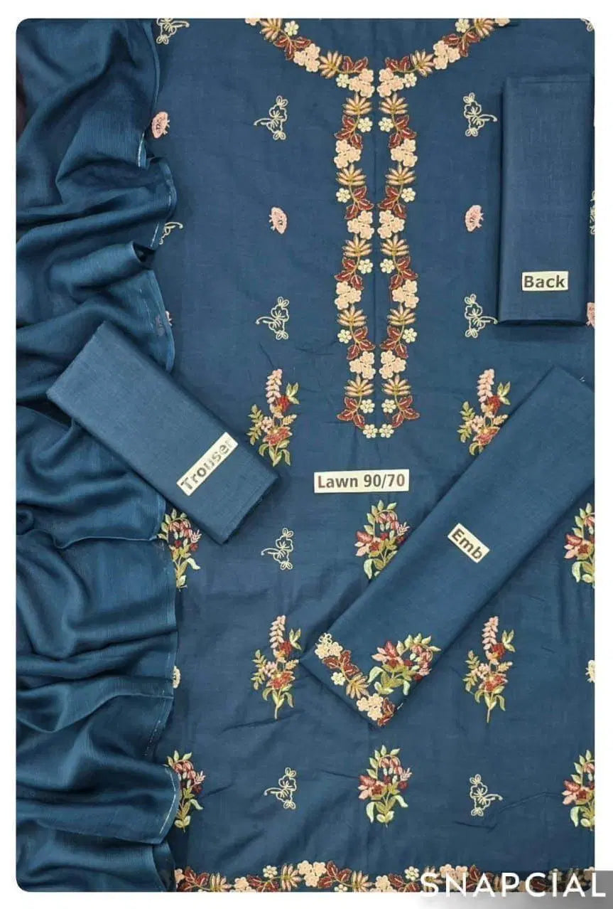 3 Pcs Women's Unstitched Embroidered Suit