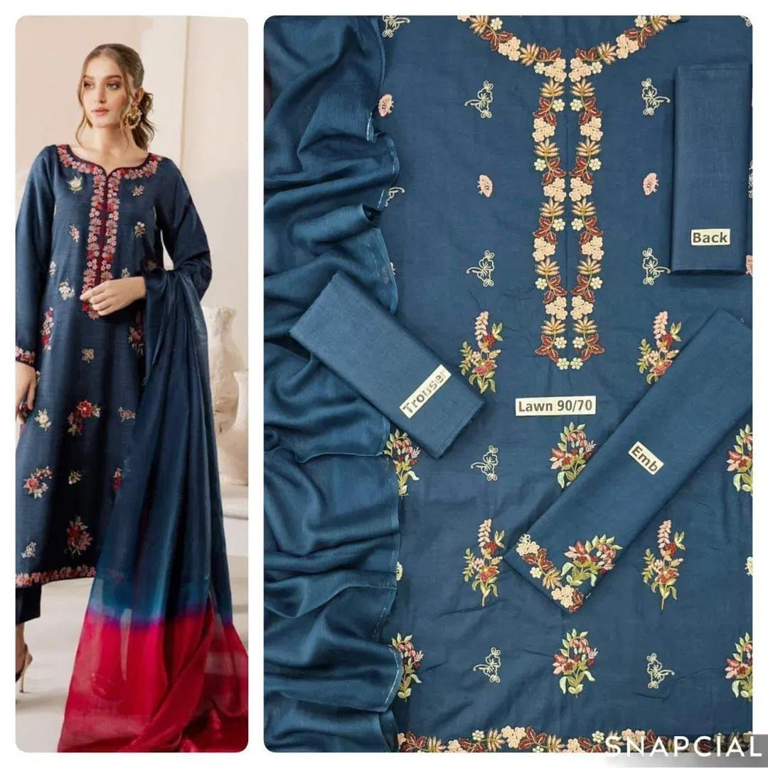 3 Pcs Women's Unstitched Embroidered Suit