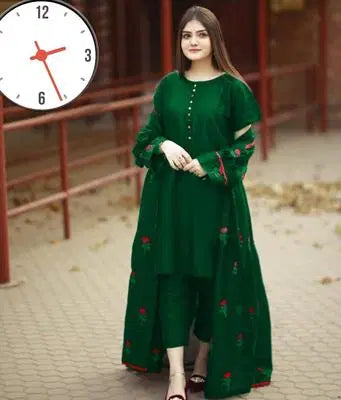 Elegant Women's Stitched Gown Suit - 3 Pcs Embroidered Set in Silk & Banarsi Fabric