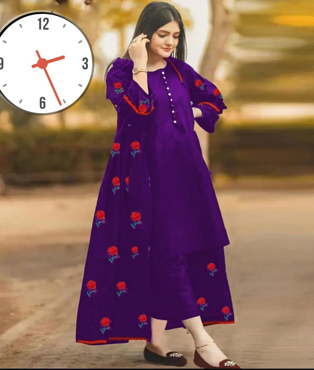 Elegant Women's Stitched Gown Suit - 3 Pcs Embroidered Set in Silk & Banarsi Fabric