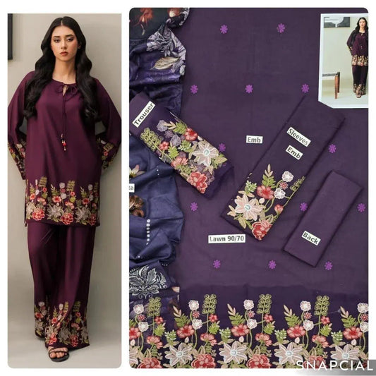 3 Pcs Women's Unstitched Embroidered Suit
