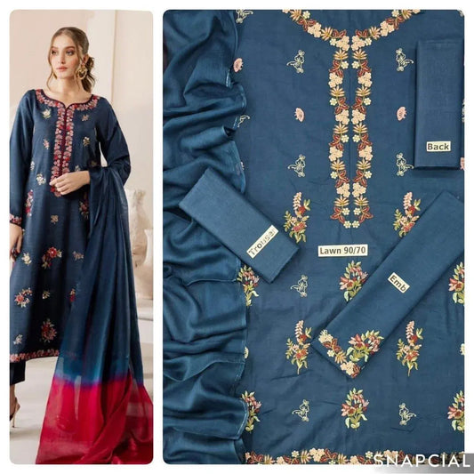 3 Pcs Women's Unstitched Embroidered Suit