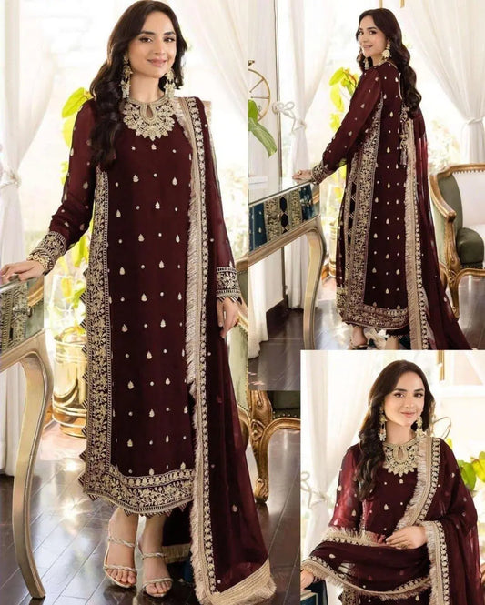 3 Pcs Women's Unstitched Sequins Embroidered Suit