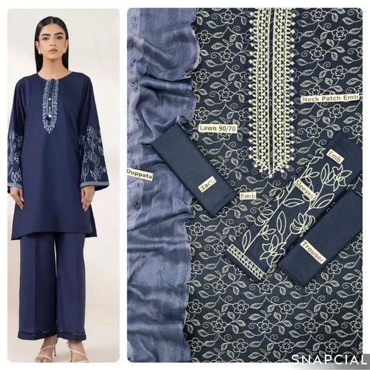 3 Pcs Women's Unstitched Embroidered Suit