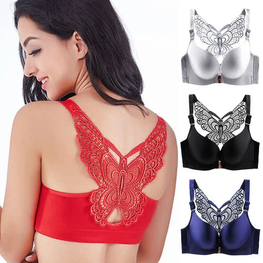 4 Pack Butterfly Embroidery Front Closure Wireless Adjustable Gather Bra
